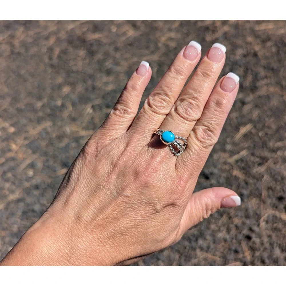 Navajo Turquoise Rope Lasso Sterling Silver Ring‎ Native Am Jewelry Sz 7.5US**